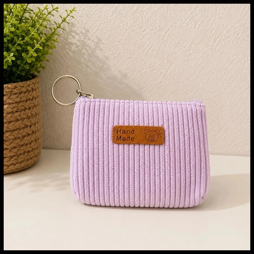 Porte-monnaie avec porte-clés en velours côtelé rose